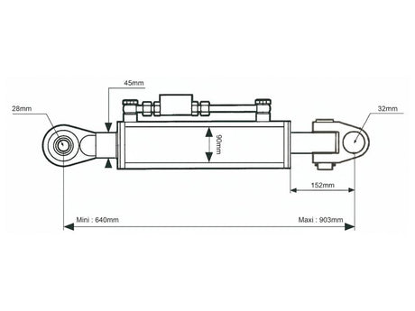 Sparex Hydraulic Top Link (Cat.28mm/3 (Ø28/32mm)) Knuckle and Ball, Cylinder Bore: 90mm, Min. Length : 690mm. | S.173633 - Product Image 2