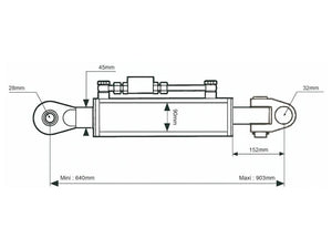 Sparex Hydraulic Top Link (Cat.28mm/3 (Ø28/32mm)) Knuckle and Ball, Cylinder Bore: 105mm, Min. Length : 680mm. | S.173643 - Product Image 2