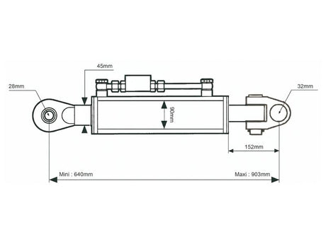 Sparex Hydraulic Top Link (Cat.28mm/3 (Ø28/32mm)) Knuckle and Ball, Cylinder Bore: 105mm, Min. Length : 680mm. | S.173643 - Product Image 2