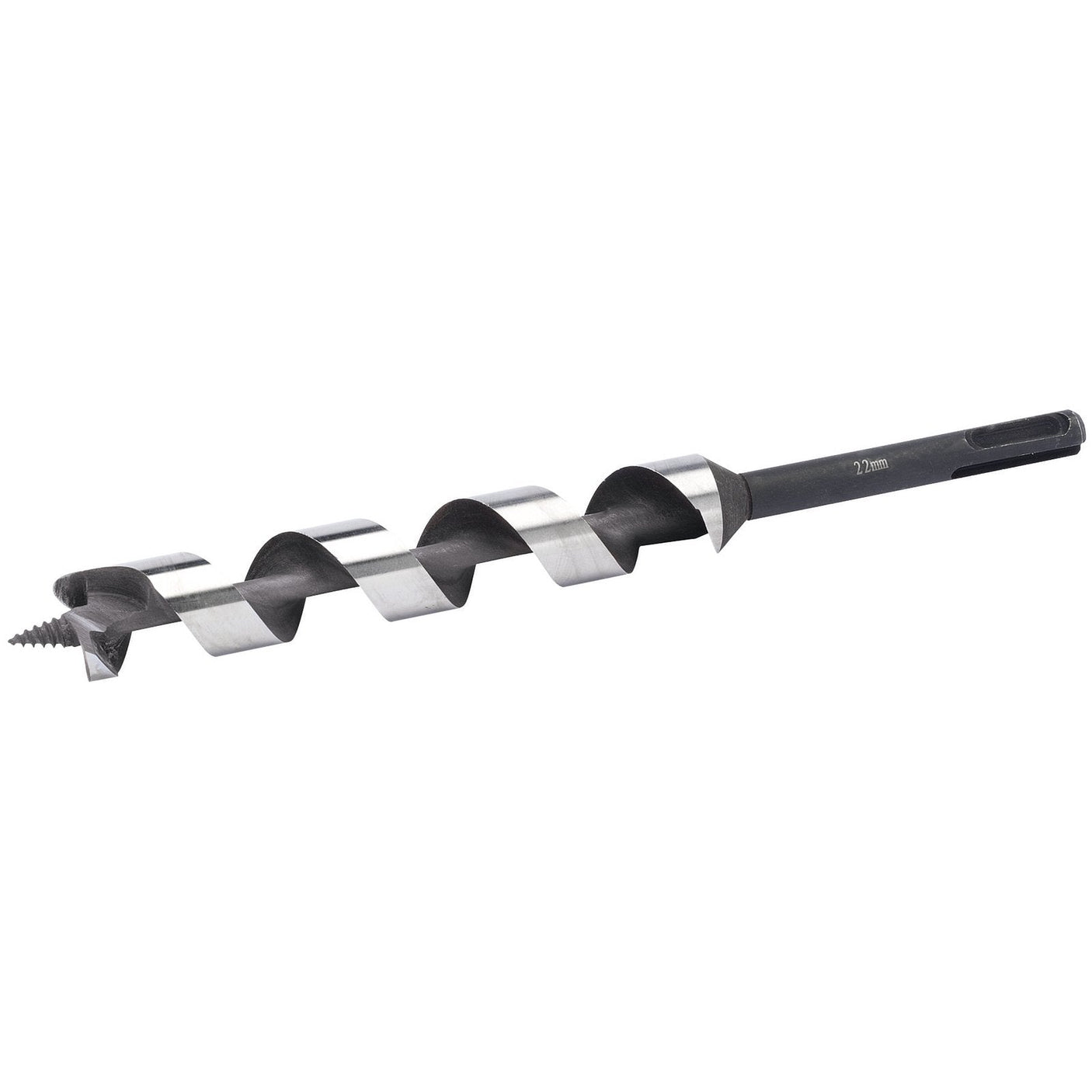 A precision machined Draper SDS+ Auger Bit, 230 x 22mm (AB-SDS), featuring a black base, silver cutting edges, and a pointed tip.