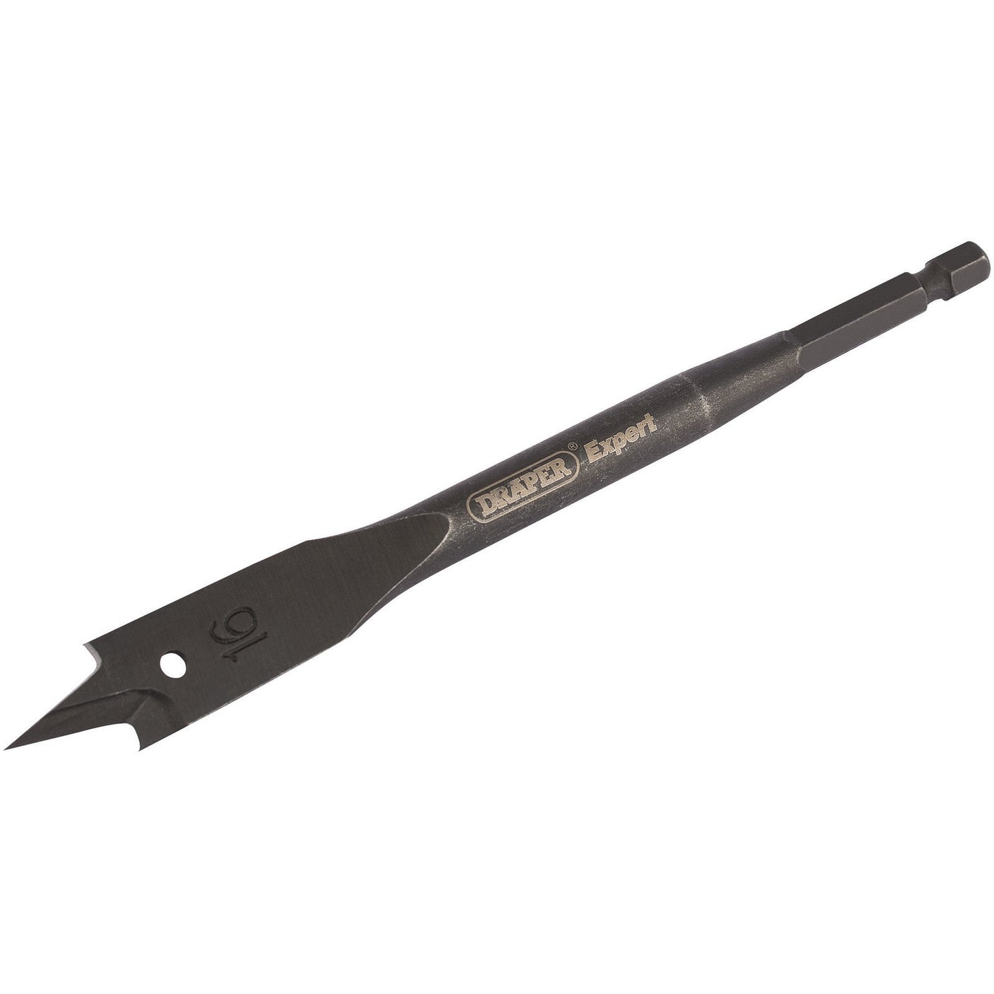 The Draper Expert Flat Wood Bit, 16mm - FB102, is a durable carbon steel drill bit designed for making wide holes and features a hex shank with a sharp, spade-shaped head.