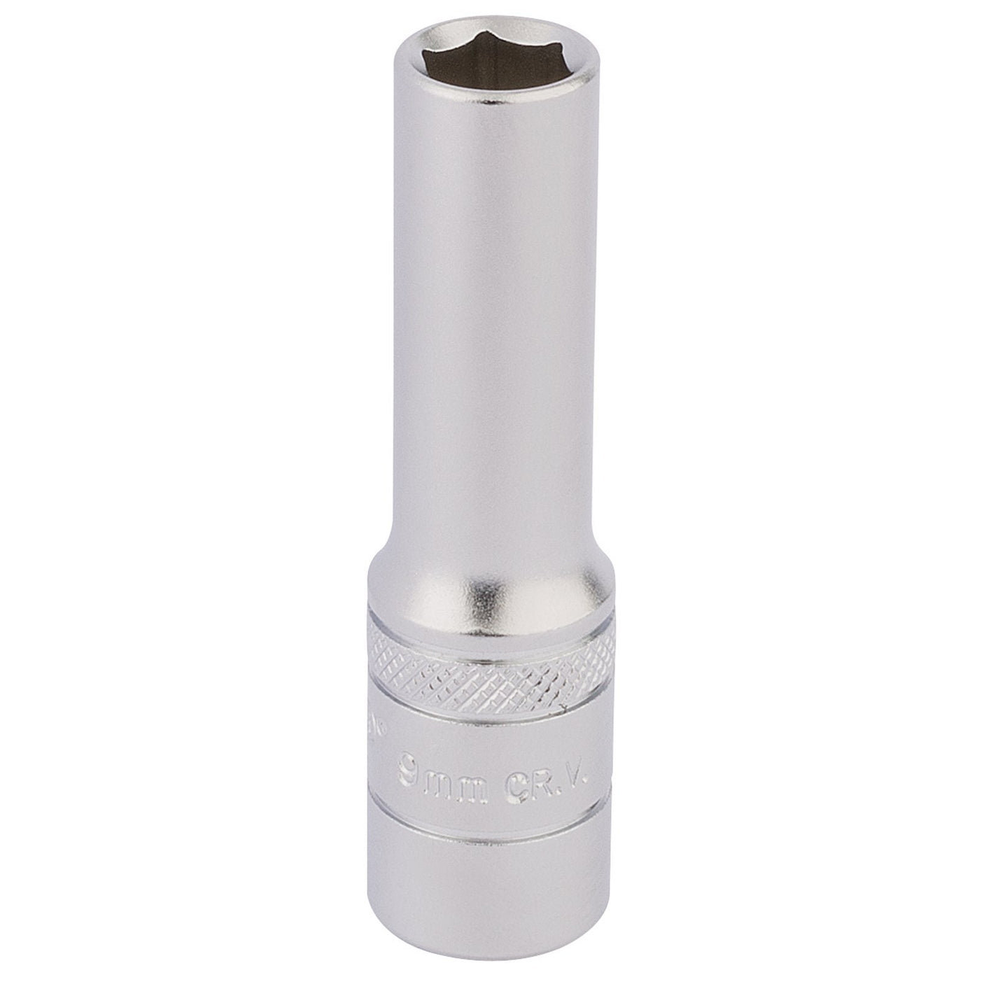 The Draper Hi-Torq® 6 Point Deep Socket, 3/8" Sq. Dr., 9mm - DT-MM/MS, crafted from chrome vanadium steel, features a hexagonal opening and a knurled ring for a slightly textured grip section.