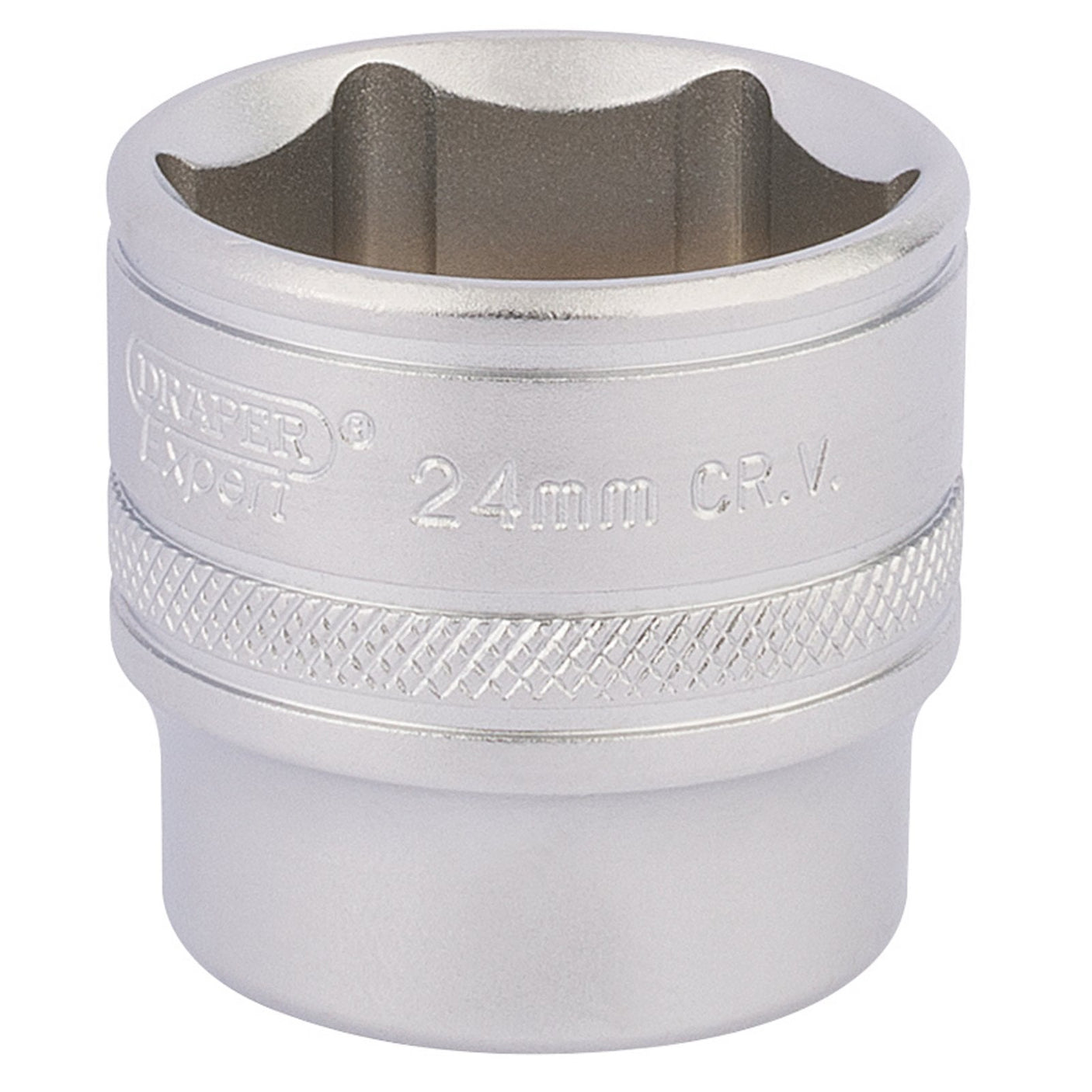 Close-up of a 24mm Draper Hi-Torq® 6 Point Socket, crafted from chrome vanadium steel with a knurled grip and embossed text indicating "Draper Hi-Torq® 24mm C.R.V." Designed to meet DIN3122 ISO3315 specifications, this durable socket ensures precision in fastening tasks.