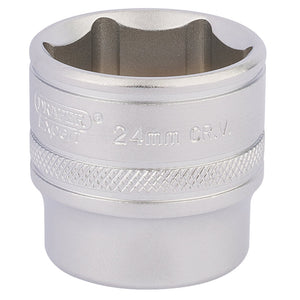 Close-up of a 24mm Draper Hi-Torq® 6 Point Socket, crafted from chrome vanadium steel with a knurled grip and embossed text indicating "Draper Hi-Torq® 24mm C.R.V." Designed to meet DIN3122 ISO3315 specifications, this durable socket ensures precision in fastening tasks.