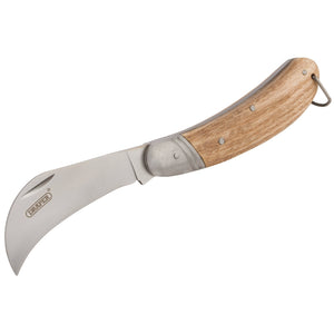 The Draper Budding Knife With Ash Handle - GBKHER/A, a folding knife by Draper, features a curved stainless steel blade and an ash handle, along with a metal loop at the end for attachment.