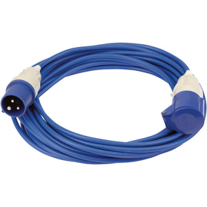 A Draper 230V Extension Cable, 14M X 2.5mm, 16A - EL241B featuring a coiled blue design with a 16A plug on one end and an EN60309-1 compliant socket on the other.