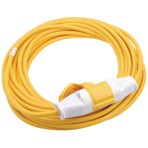 A coiled, long, yellow Draper 110V extension cable, 14 meters in length with a white and yellow 16A plug connector.