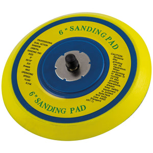 The SIP - 6" Vinyl-Faced Sander Backing Pad - SIP-17576 by SIP is a yellow and blue backing pad with a central mounting hole. The text on the pad includes safety warnings and operational specifications to ensure a swirl-free finish when used with your random orbital sander.