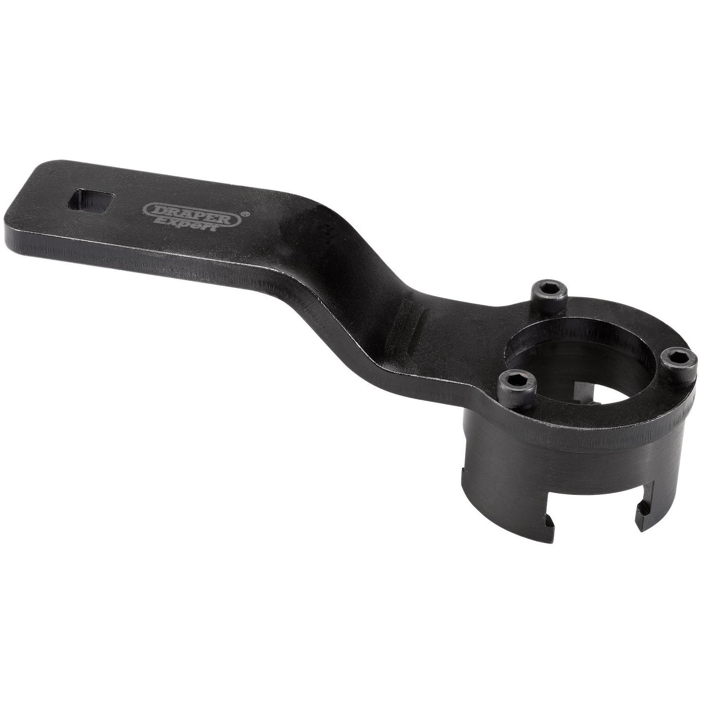 The Draper Crankshaft Holding Tool (Volvo) - ETK167, a black metal spanner wrench with a curved handle and a circular socket end designed for specialized use, serves perfectly as an OEM 999-7128 Volvo crankshaft holding tool.