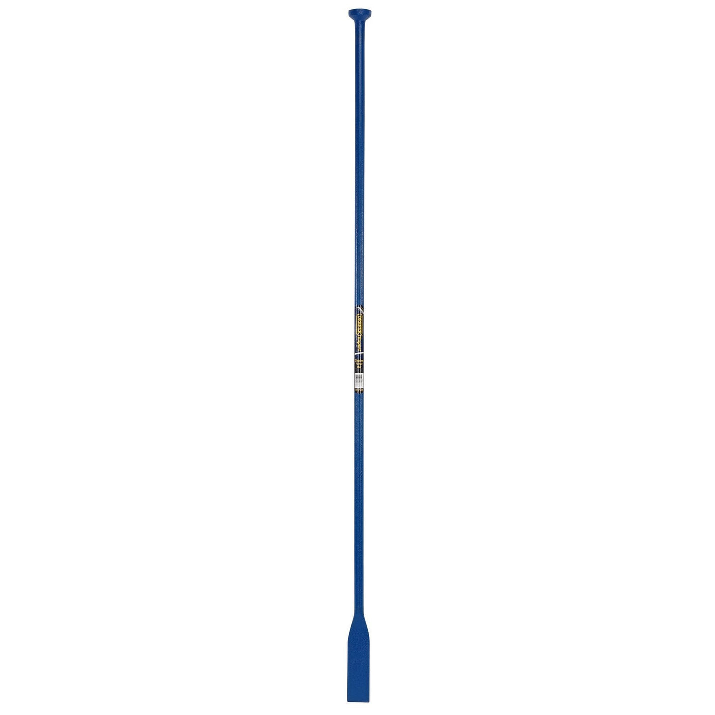 A long, blue Draper Chisel Point Fencing Bar, 1.8M - ASDFB featuring a wide, flat bottom and a round handle at the top crafted from high carbon steel.