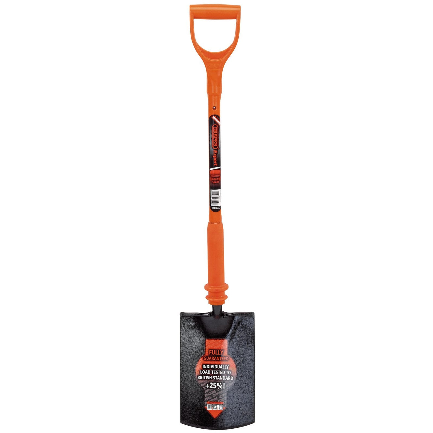 Image of a Draper Expert Fully Insulated Contractors Digging Spade - INS/DSP, featuring an orange handle and a rectangular blade that meets BS 8020 standards. The label on the shaft highlights its durability and enforced strength features.