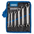 The Draper Flare Nut Spanner Set (6 Piece) - BAW-FN SET includes six flare nut spanners in various sizes, crafted from durable chrome vanadium steel, and housed in a blue and black roll-up pouch labeled with the Draper brand. This set is ideal for working with compression nuts and hydraulic systems.