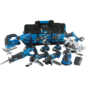 Introducing the Draper Storm Force® 20V Cordless Kit (9 Piece) - PTK920VMK, a black and blue tool bag filled with a variety of powerful 20V tools, including drills, saws, and a battery charger complete with li-ion batteries, all neatly arranged in front.