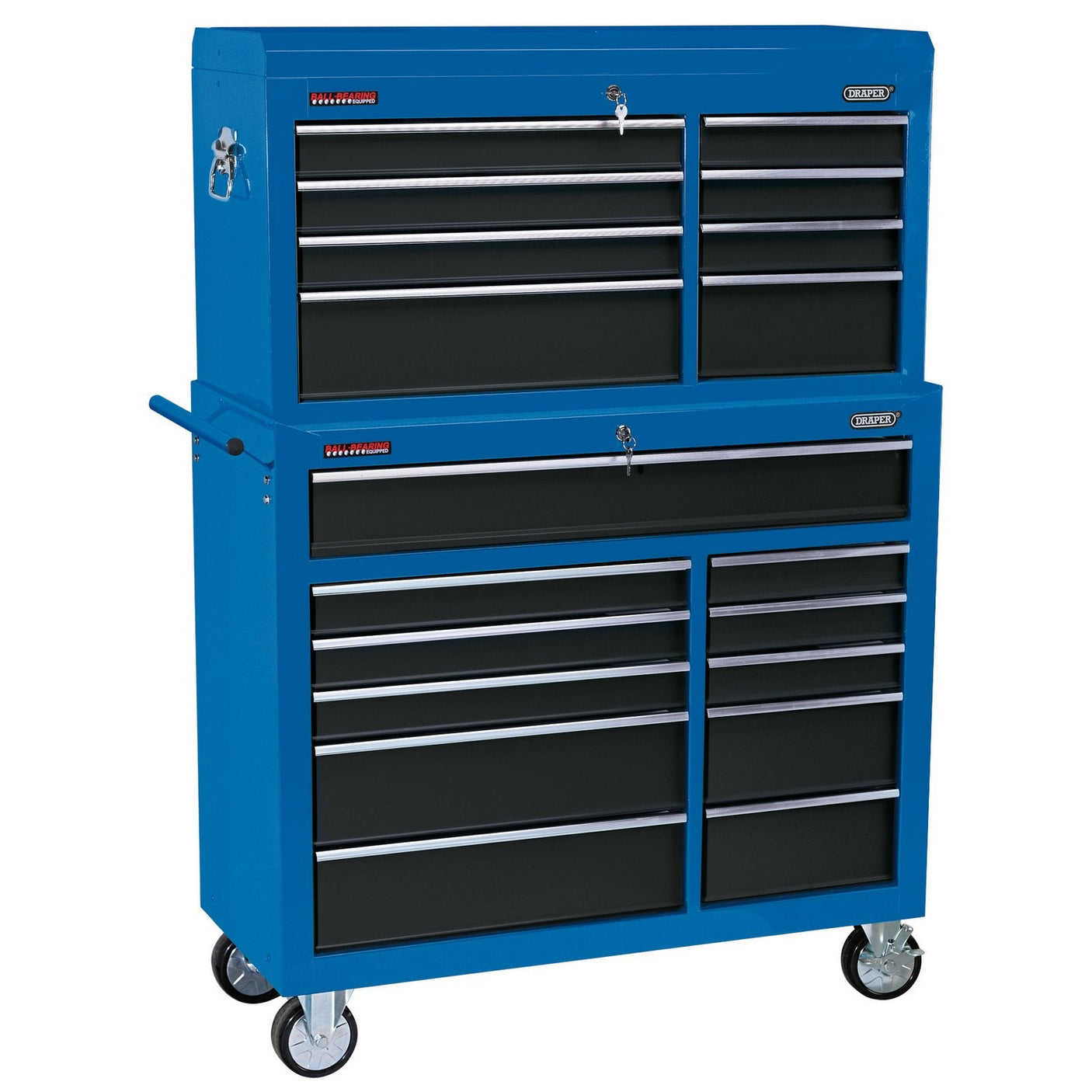 The Draper Combined Roller Cabinet And Tool Chest, 19 Drawer, 40" - DTKTC8D/RC11D by Draper features multiple drawers and compartments with ball bearing runners, lockable sections, a side handle, and caster wheels for mobility in a sleek blue and black design.