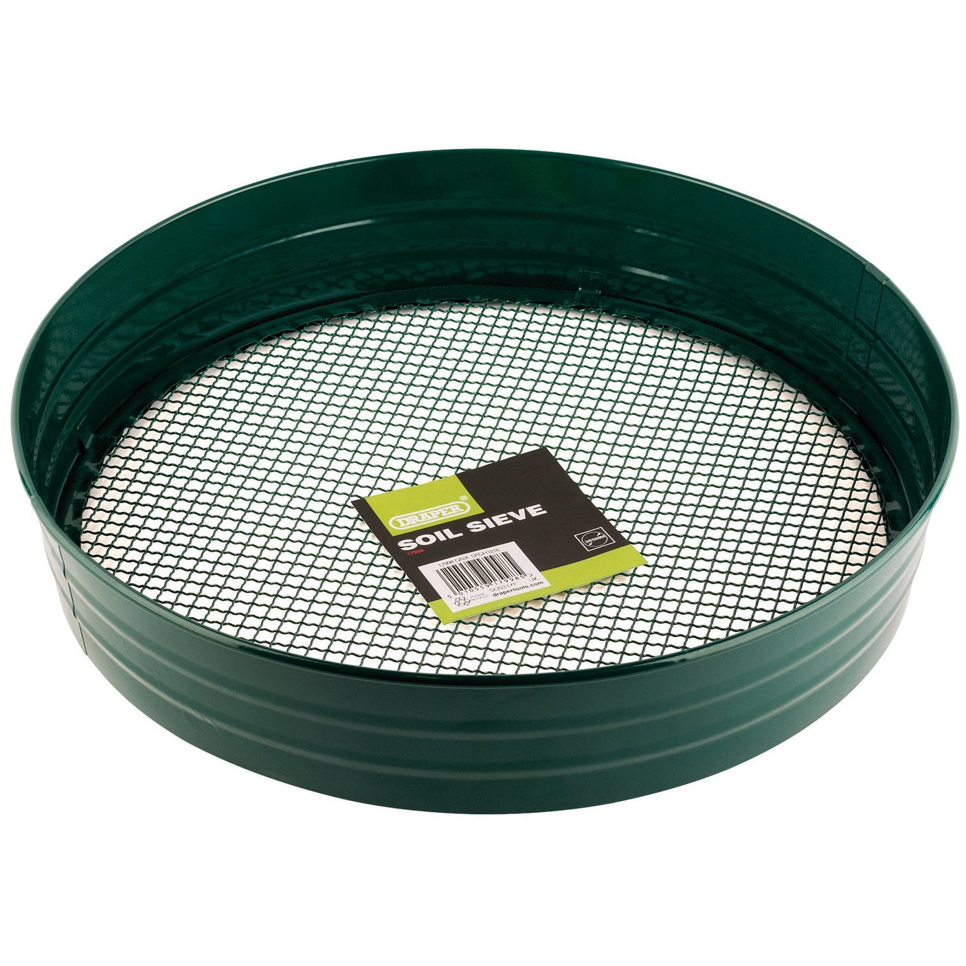 Introducing the Draper Garden Soil Sieve - GR/A by Draper: a green circular soil sieve with a black mesh screen, constructed from durable powder-coated steel and featuring a "Soil Sieve" label, ideal for gardening enthusiasts.