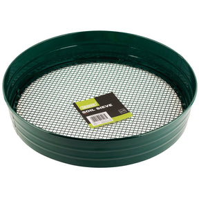 Introducing the Draper Garden Soil Sieve - GR/A by Draper: a green circular soil sieve with a black mesh screen, constructed from durable powder-coated steel and featuring a "Soil Sieve" label, ideal for gardening enthusiasts.