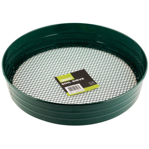 Introducing the Draper Garden Soil Sieve - GR/A by Draper: a green circular soil sieve with a black mesh screen, constructed from durable powder-coated steel and featuring a "Soil Sieve" label, ideal for gardening enthusiasts.