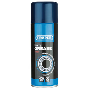 A 400 ml can of Draper White Grease (HGA-WG) from Draper, featuring a blue cap and black label, displays product information including "CFC Free" and "Leaves an Anti-Corrosive Protective Barrier for rust prevention.