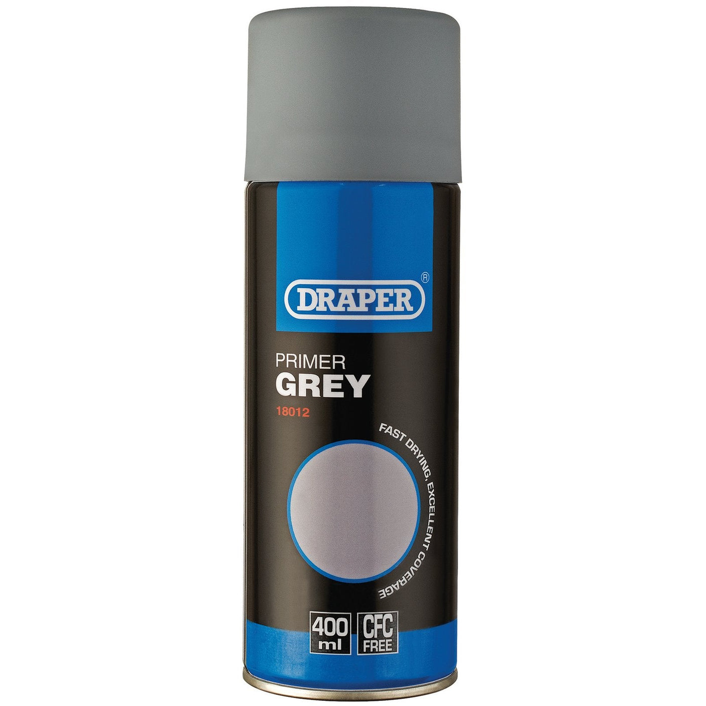 A can of Draper Primer, 400Ml, Grey - HGA-GP from Draper, offering rust protection and fast drying with a 400ml capacity and a CFC-free formula.