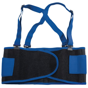 The Draper Back Support And Braces, Large - EBS/2L by Draper is displayed. This black and blue belt features adjustable straps, Velcro closures, locking clips, blue edges, and two blue pads on either side.