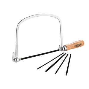 The Draper Coping Saw With Assorted Blades (6 Piece) - 8904, from Draper, includes a wooden handle, a chrome plated frame, and five assorted blades set to the side.