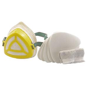 The Draper Comfort Dust Mask And 5 Filters - FM2, featuring a yellow and white design with a green strap, is shown alongside multiple white filter pads. This product is designed to protect against non-toxic particles.