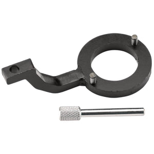 The Draper Diesel Fuel Pump Locking Kit (Jaguar, Land Rover) - ETK181 features a metal tool with a circular clamp and two pins, attached to a lever next to a knurled metal rod, making it ideal for use as a Land Rover diesel fuel pump locking tool.