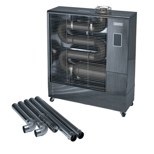 The Draper 230V Far Infrared Diesel Heater With Flue Kit, 51,500 Btu/15.1Kw - DSH515/FLUE is a large metallic heating unit on wheels. It features multiple vents and pipes, including an indirect far infrared diesel heater and several detachable pipes. Additionally, it comes with a digital thermostat for precise control and a remote control for added convenience.