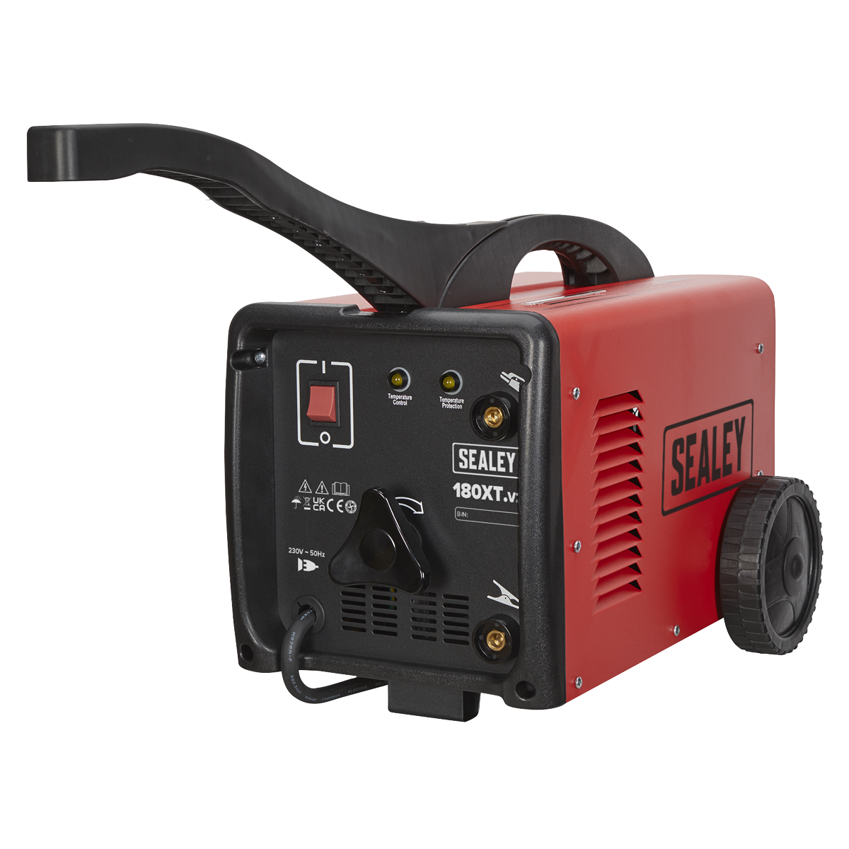 A red and black Arc Welder 180A with Accessory Kit - 180XT by Sealey, featuring a handle on top and two wheels at the back for mobility, as well as an advanced forced air cooling system.