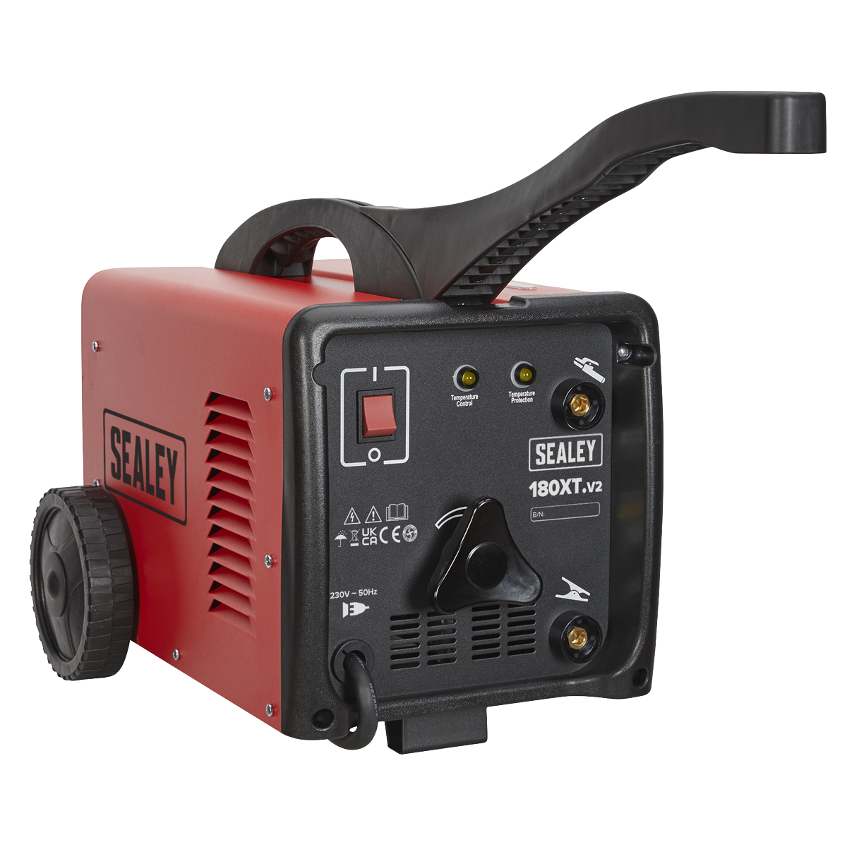 The Sealey Arc Welder 180A with Accessory Kit - 180XT features a black handle, two wheels, and a front control panel that includes a power switch, indicator lights, and an adjustment dial. It offers an impressive electrode capacity and utilizes a forced air cooling system for efficient performance.