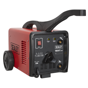 The Sealey Arc Welder 180A with Accessory Kit - 180XT features a black handle, two wheels, and a front control panel that includes a power switch, indicator lights, and an adjustment dial. It offers an impressive electrode capacity and utilizes a forced air cooling system for efficient performance.