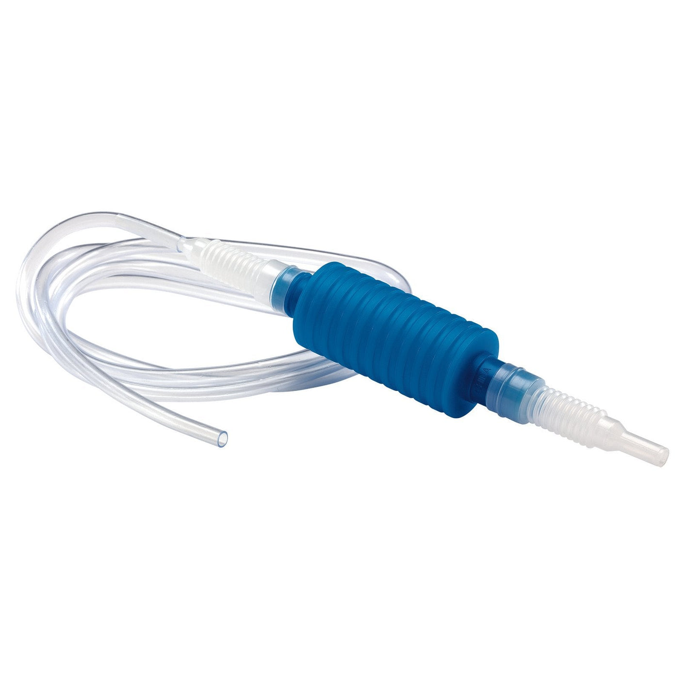 The Draper Siphon Pump, 1.8M - SP2 features a blue in-line squeeze bulb and transparent tubing, making it perfect for transferring inert liquids.