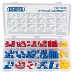 A product named "Draper Insulated Terminal Assortment (150 Piece) - ATER-150" by Draper contains 150 assorted electrical connectors of various colors and types, neatly organized in compartments.