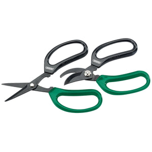 A Draper Soft Grip Garden Scissor Set (2 Piece) - GS/TP2, featuring a pair of snips with green soft grip handles and another pair of all-purpose snips with black handles, both equipped with carbon steel blades, displayed on a white background.