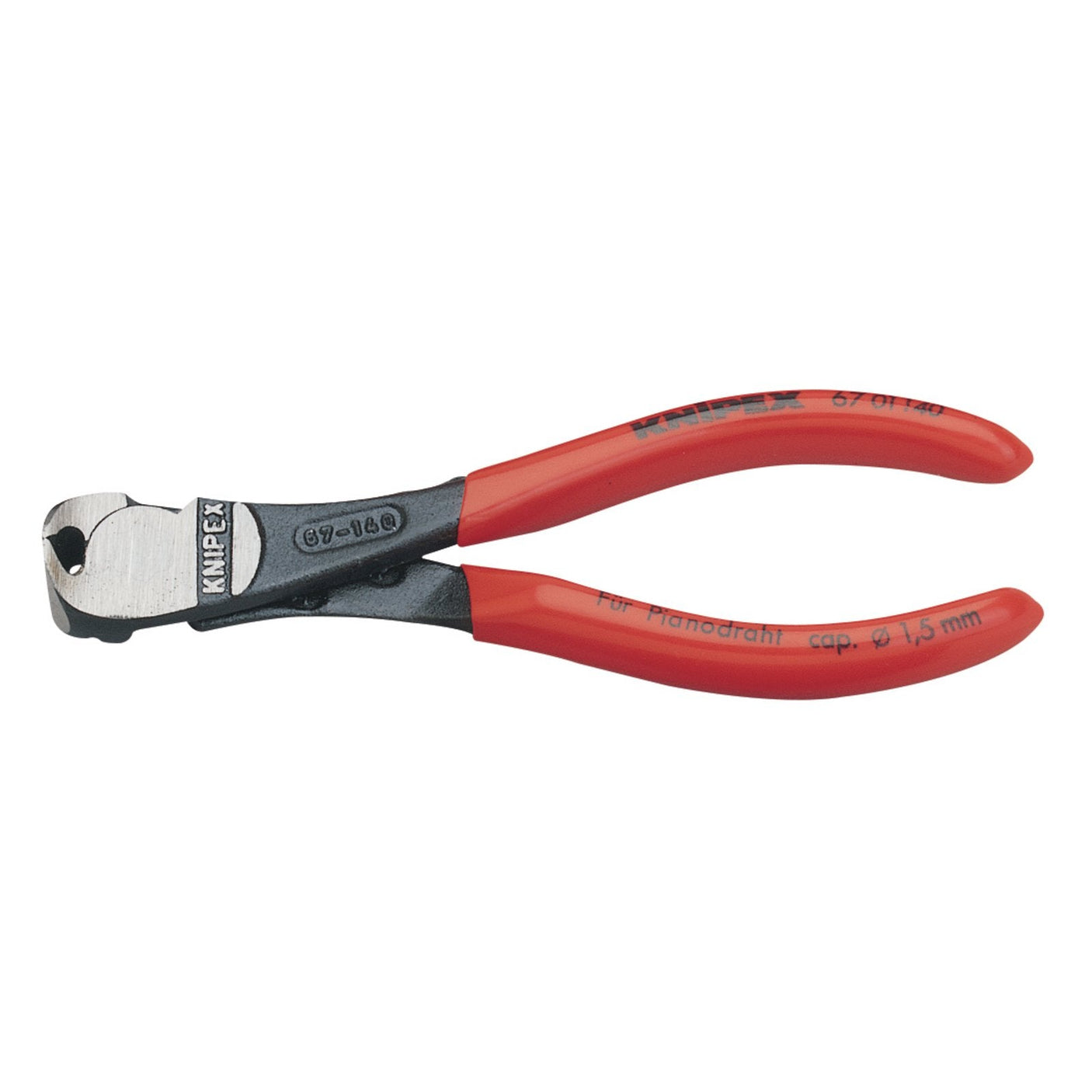 The Draper Knipex 67 01 140 High Leverage End Cutting Nippers, measuring 140mm, feature red handles and a metal head designed for cutting piano wire up to 1.5 mm thick. Constructed from chrome vanadium steel and induction hardened for enhanced durability, this tool has "KNIPEX" and other specifications inscribed on the handles, conforming to DIN ISO 5748 standards.