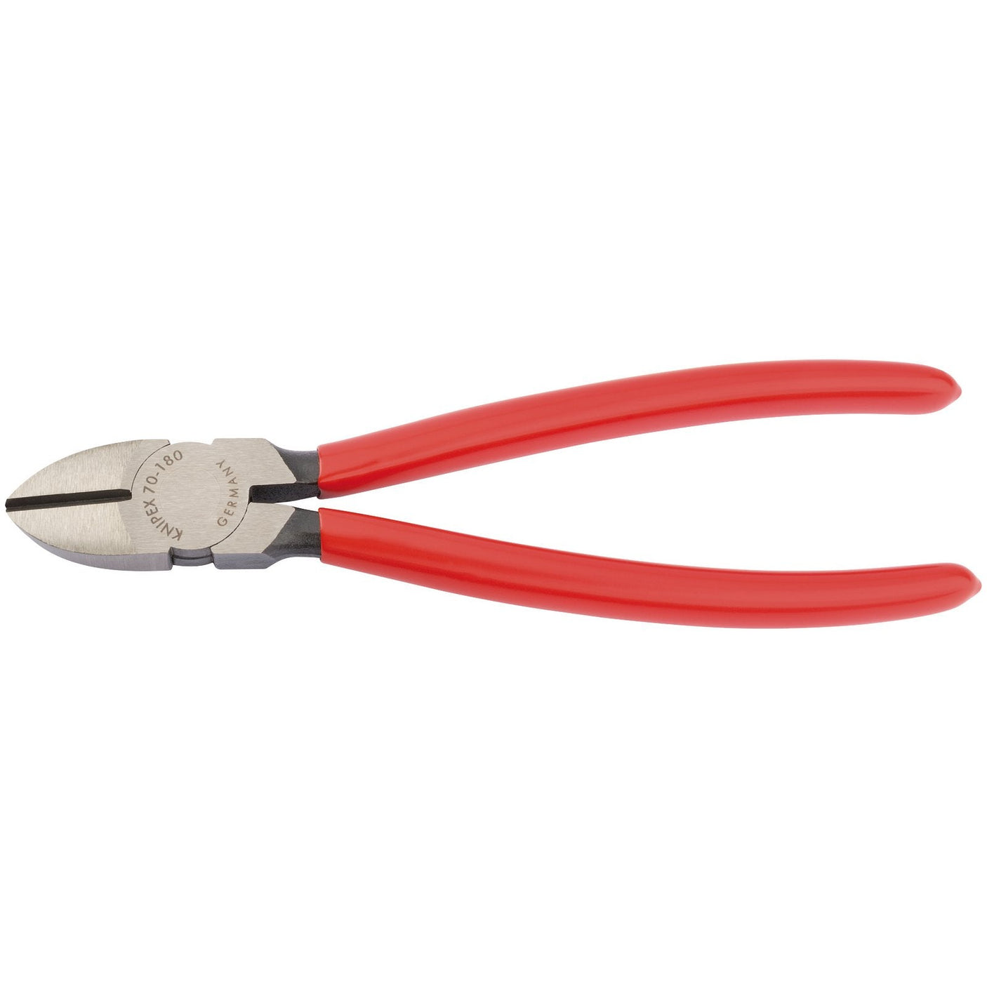 The Draper Knipex 70 01 180 Sbe Diagonal Side Cutter, measuring 180mm, features red handles and is crafted from vanadium electric steel. Designed for cutting wires and other materials, it boasts induction hardened cutting edges and conforms to DIN ISO 5749 specifications.