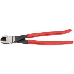 Image of the Draper Knipex 74 91 250 Sbe High Leverage Heavy Duty Centre Cutter, featuring red handles and crafted from induction hardened chrome vanadium electric steel, designed for cutting wires or cables.