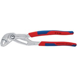 The Draper Knipex Cobra® 87 05 250Sb Chrome Plated Waterpump Pliers, 250mm - 87 05 250 come with red and blue handles, a metal jaw, and hardened teeth for enhanced grip. They feature a one-hand adjustment mechanism for ease of use on the job.