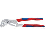 The Draper Knipex Cobra® 87 05 250Sb Chrome Plated Waterpump Pliers, 250mm - 87 05 250 come with red and blue handles, a metal jaw, and hardened teeth for enhanced grip. They feature a one-hand adjustment mechanism for ease of use on the job.