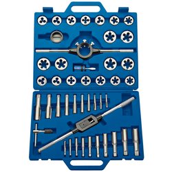 The Draper Metric Tap And Die Set (45 Piece) - 45MM by Draper comes in a blue plastic case that contains an assortment of tungsten steel tap and die tools, including dies, taps, wrenches, and handles. These components are neatly organized in two compartments.