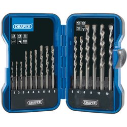 A Draper Masonry Drill Bit Set (15 Piece) - DBMS3 case is open, displaying various sizes of tungsten steel drill bits arranged in slots.