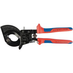 A pair of Draper Knipex 95 31 250 Ratchet Action Cable Cutters, featuring red and blue handles with a black cutting mechanism and a two-stage ratchet drive for precision cutting.