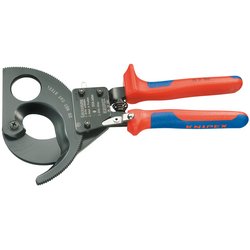 The Draper Knipex 95 31 280 Ratchet Action Cable Cutter, 280mm - 95 31 280 is a professional quality tool featuring red and blue handles, a black serrated blade, and precision-ground cutting edges for accuracy. Its two-stage ratchet drive ensures smooth and efficient operation.