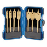 The Draper Titanium Nitride Coated Flat Wood Bit Set (7 Piece) - EBS7WOOD includes a blue plastic case containing seven flat wood drill bits of varying sizes, labeled 10, 12, 16, 19, and 22. Crafted from carbon steel and coated with titanium nitride for enhanced durability, these spade bits are designed to tackle a variety of woodworking tasks with ease.