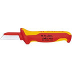 The Draper Knipex 98 54 Fully Insulated Cable Knife, 180mm - 98 54 is a professional quality hand tool with a short, angled insulated blade, designed for cutting purposes. This red and yellow knife features a handle that bears text specifying the tool's safety ratings and country of manufacture, making it ideal for live line working.