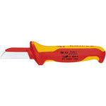 The Draper Knipex 98 54 Fully Insulated Cable Knife, 180mm - 98 54 is a professional quality hand tool with a short, angled insulated blade, designed for cutting purposes. This red and yellow knife features a handle that bears text specifying the tool's safety ratings and country of manufacture, making it ideal for live line working.