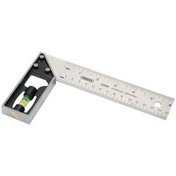 The Draper Try And Mitre Square, 150mm - 2294, is a silver combination square with machined faces and a built-in spirit level, featuring a polished steel blade marked with both metric and imperial measurements.