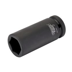 A Draper Expert Imperial Deep Impact Socket, 3/4" sq. dr. 1" - 419D-AF with black chrome molybdenum construction and writing on its side sits against a white background.