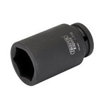 A black six-point impact socket, forged from chrome molybdenum for durability, with "Draper Expert Imperial Deep Impact Socket, 3/4" Sq. Dr. 1.7/16" - 419D-AF" printed on its side. Designed for use with impact wrenches by Draper.