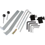 A set of various metal tools and components, including brackets, Allen wrenches, and adjustment knobs, laid out on a white background – perfect for the maintenance of your Audi or Skoda. The Draper Engine Timing Kit Etk230 (Audi, Seat, Skoda, Volkswagen) - ETK230 from the renowned brand Draper is an ideal choice for enthusiasts and professionals alike.